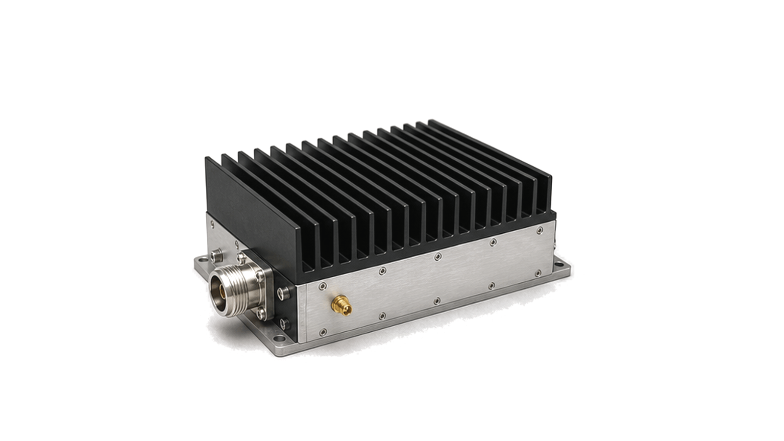 Solid state RF power amplifier module with heat sink and RF connectors