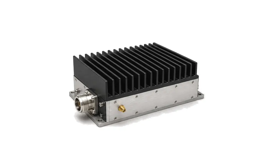 Solid state RF power amplifier module with heat sink and RF connectors