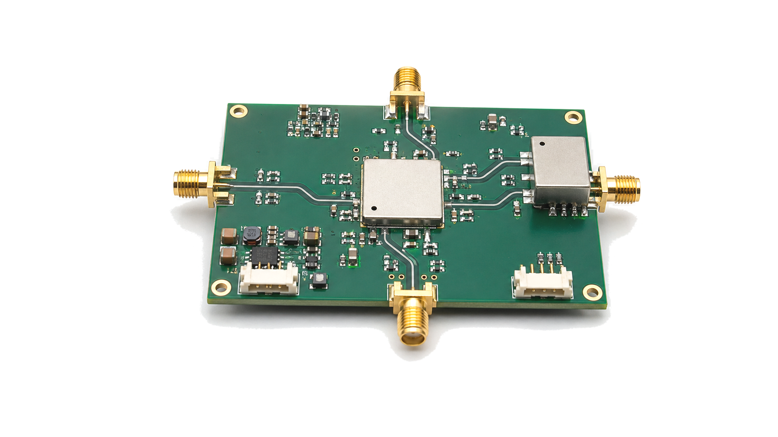 IQ modulator and demodulator RF module with coaxial interfaces