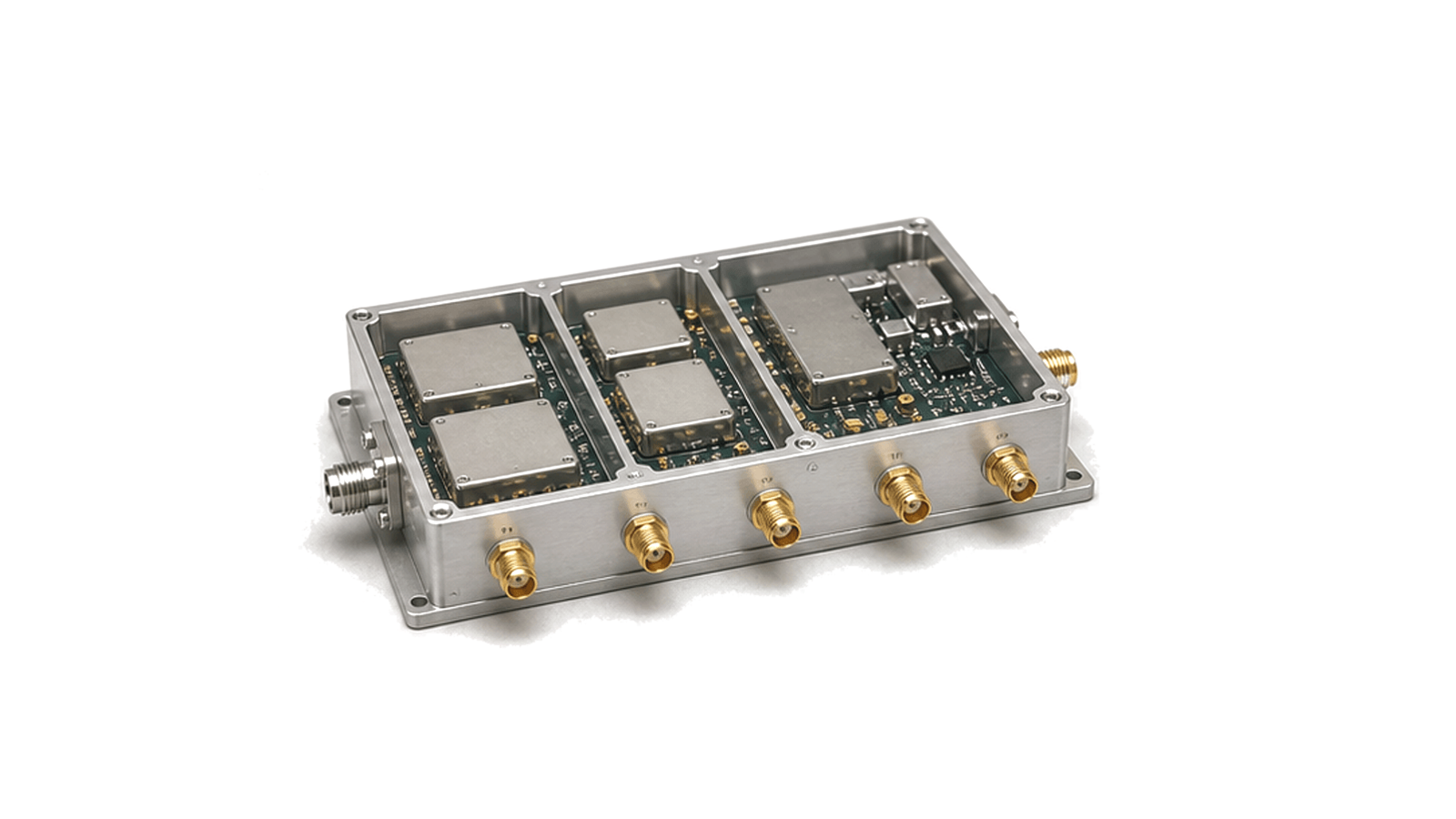 RF front-end module with shielded housing and coaxial connectors