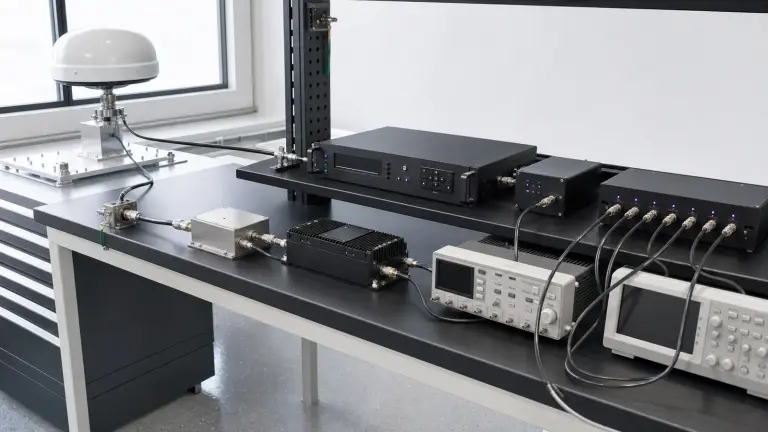 People-free GNSS and precision timing integration bench with antenna radome, coaxial preselector, low-noise receiver front end, disciplined reference, timing distribution amplifier and time-interval instruments