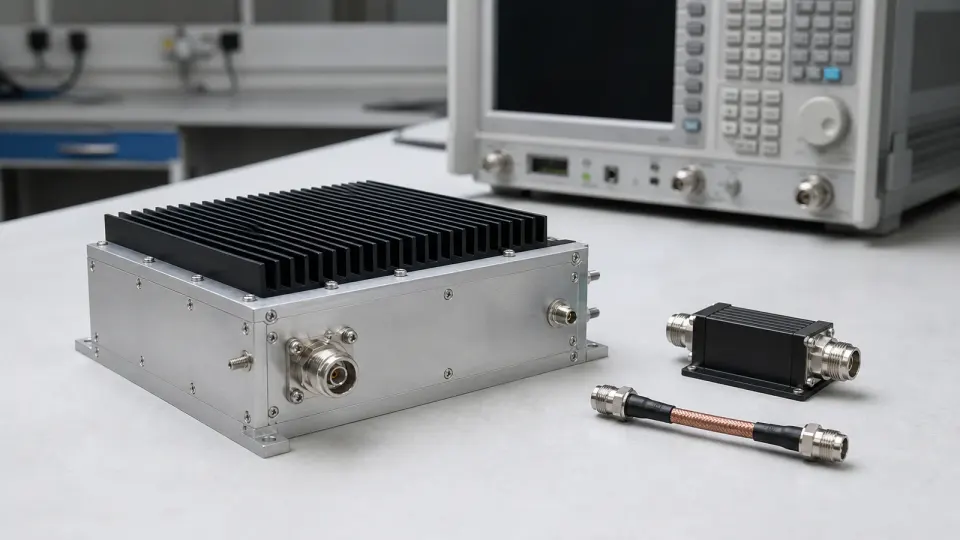 وحدات RF وميكروويف موصولة على منصة تمثيلية لتقييم مسار الإشارة