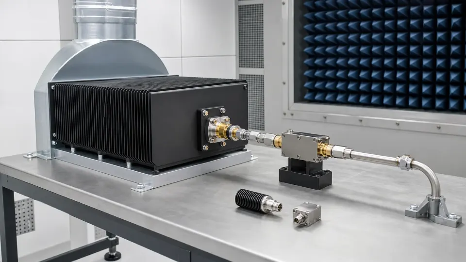 People-free high-power finned RF load, passive impedance fixture and coaxial interconnects in an unattended verification cell