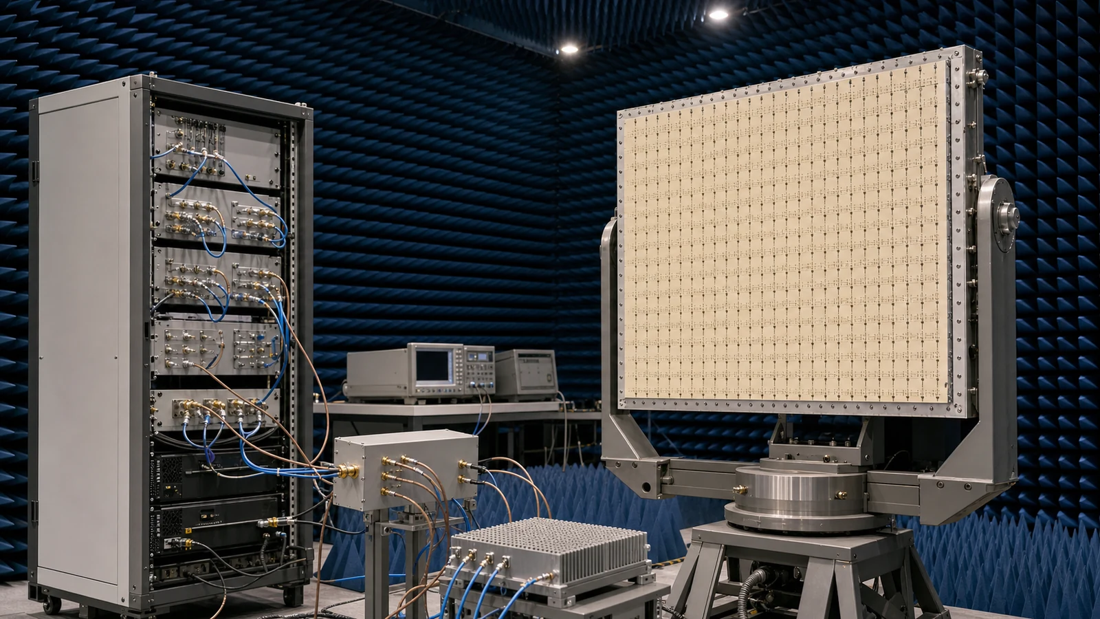 Phased-Array-Radar-HF-Frontend und Messracks in einer Absorberhalle