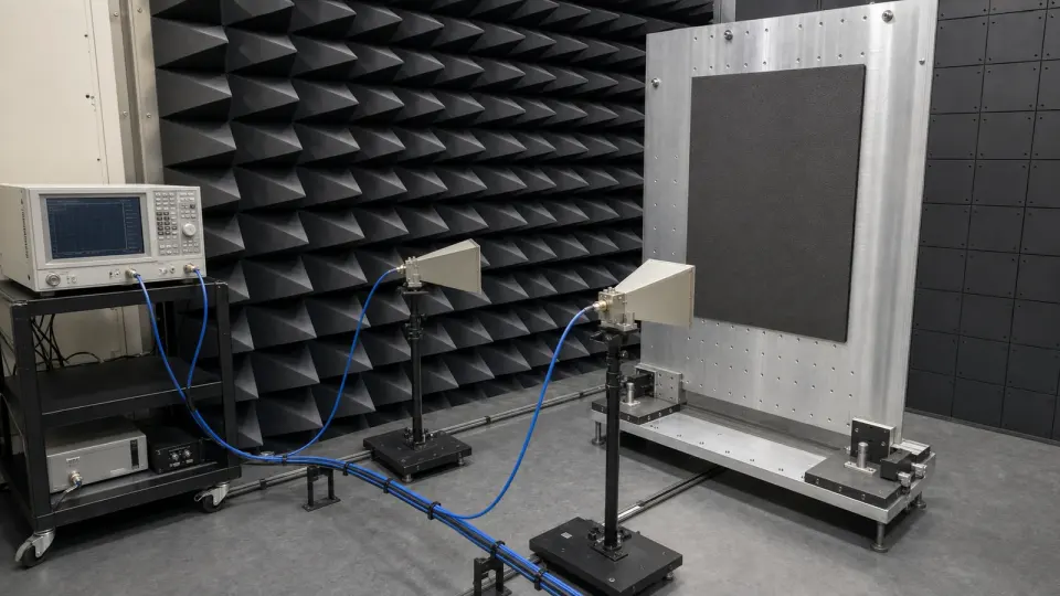Zone sans personne de vérification de matériaux RF avec absorbants pyramidaux, ferrites, antennes cornet, éprouvette plane à fond métallique et instrument illisible