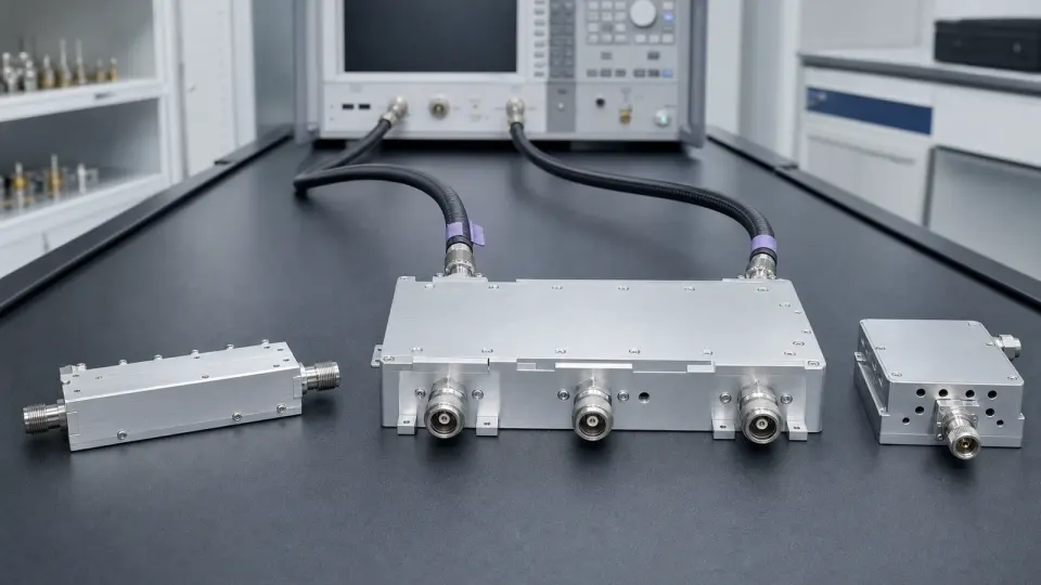 Banc sans personne avec filtres et duplexeurs RF reliés à un analyseur de réseau vectoriel étalonné