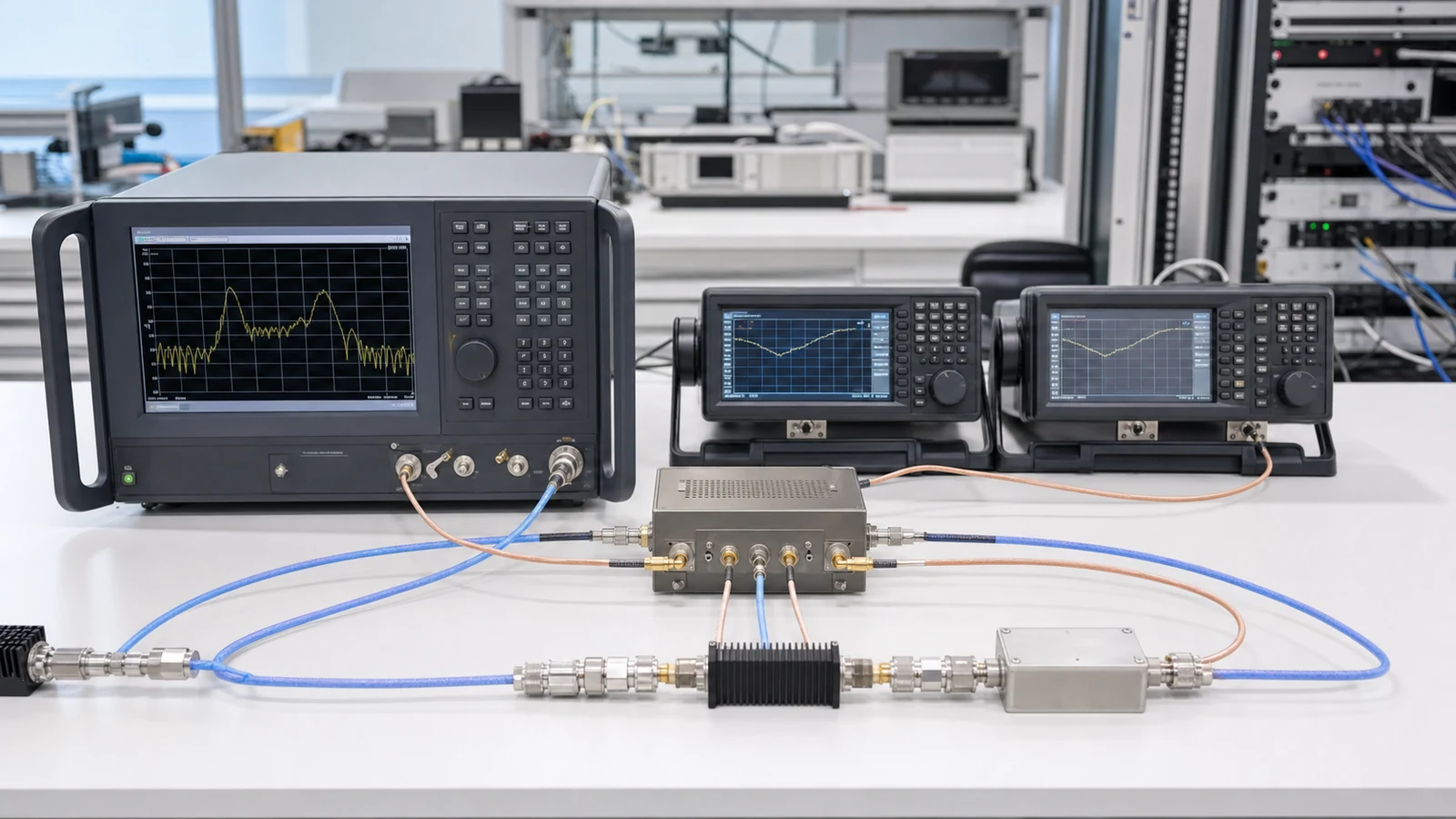 HF-Frequenzumsetzungs-Messplatz mit Analysator, Quellen und angeschlossenem RF-LO-ZF-Umsetzermodul