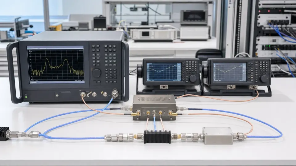 HF-Frequenzumsetzungs-Messplatz mit Analysator, Quellen und angeschlossenem RF-LO-ZF-Umsetzermodul
