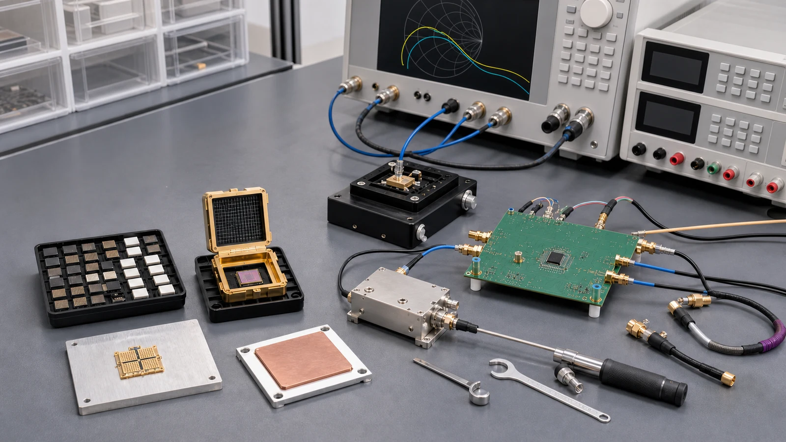Banco RF sin personas con semiconductores encapsulados, bandeja de bare die MMIC, placa de evaluación de impedancia controlada, fixture coaxial, instrumentos de bias y VNA sin texto