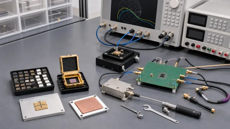 People-free RF semiconductor evaluation bench with packaged RF devices, a bare MMIC die tray, controlled-impedance evaluation board, coaxial fixture, bias instruments and a text-free vector network analyzer display