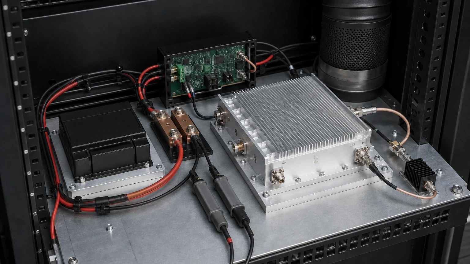 Unattended RF power module support verification setup with isolated DC converter, bias controller, current measurement, amplifier baseplate and controlled cooling hardware