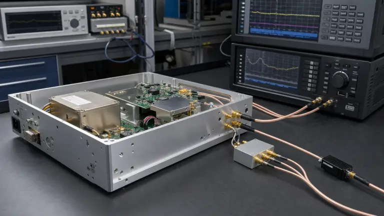 Sintetizzatore RF aperto con OCXO, PLL e VCO collegato a strumenti di rumore di fase su banco metrologico senza persone