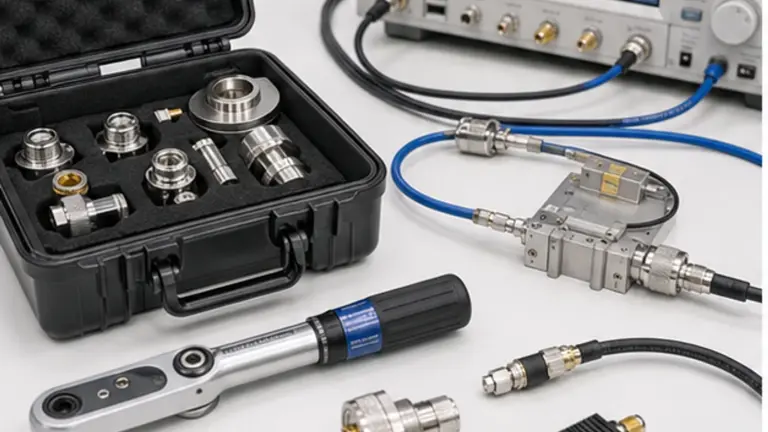 Kit de calibración coaxial, llave dinamométrica, cables y fixture de dos puertos preparados para caracterización RF repetible