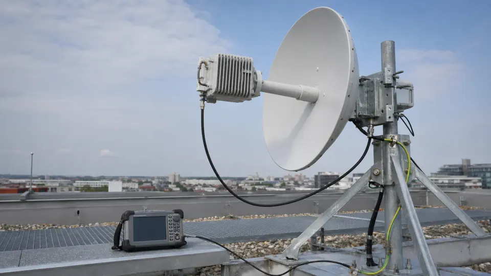 Instalação de radioenlace em cobertura com antena parabólica, rádio externo, aterramento e instrumento portátil de RF